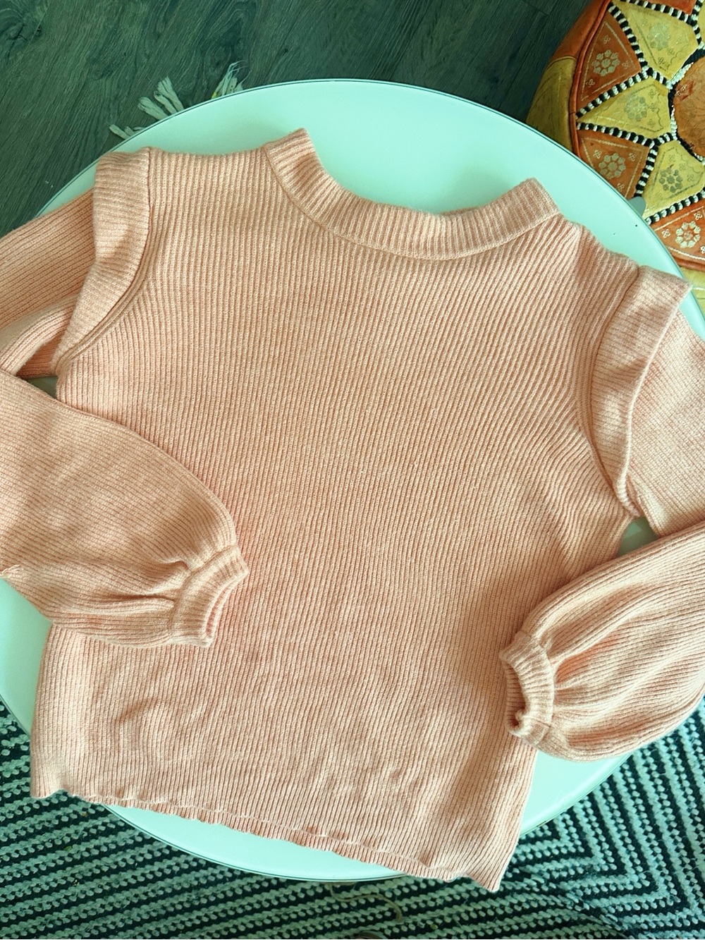 Pretty Garden Light Salmon Pink Ribbed Crewneck Sweater with Balloon Sleeves